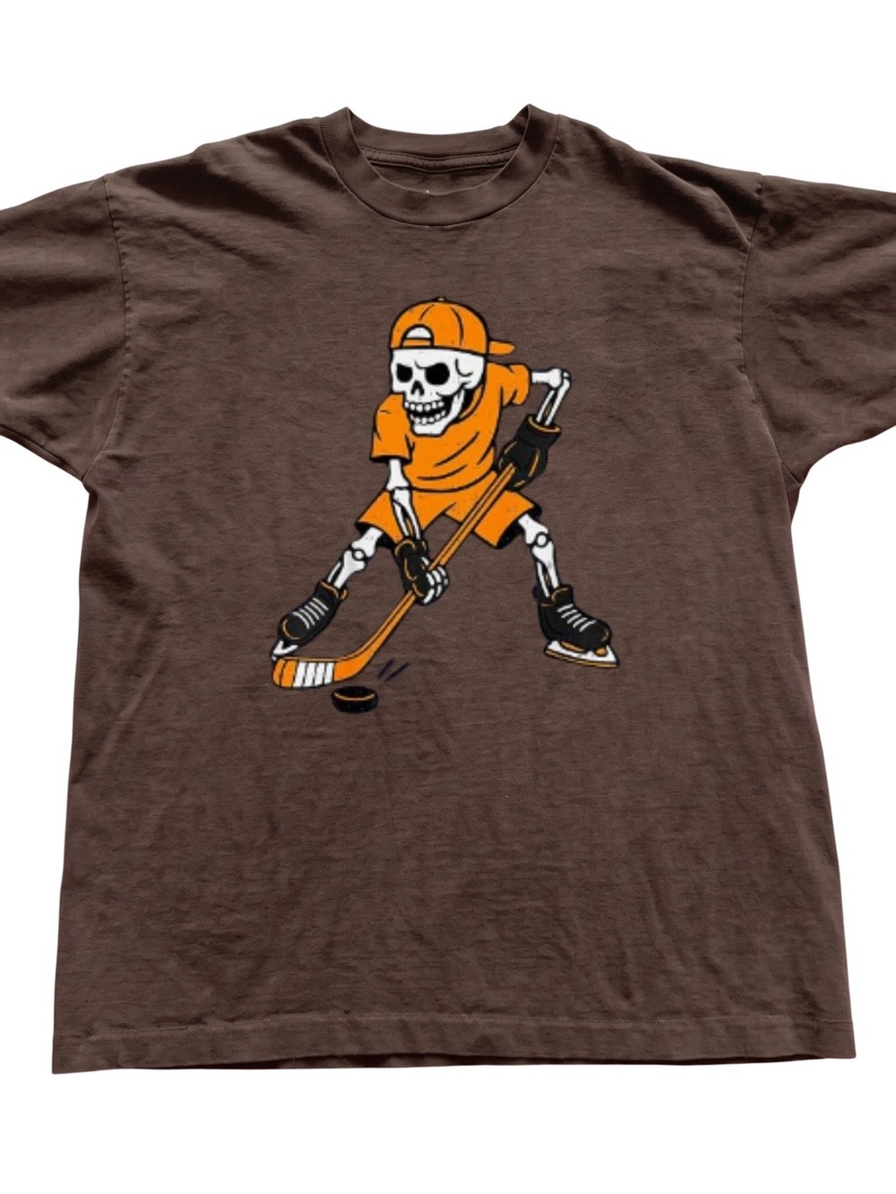 Gildan Brown Tee with Orange Hockey Skeleton Graphic, Gift For Her, For Him